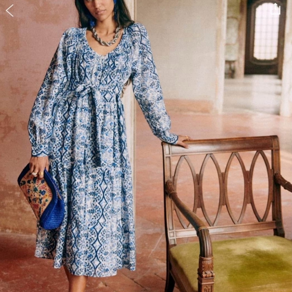 Sezane Blue and White Long Sleeve Midi Dress
